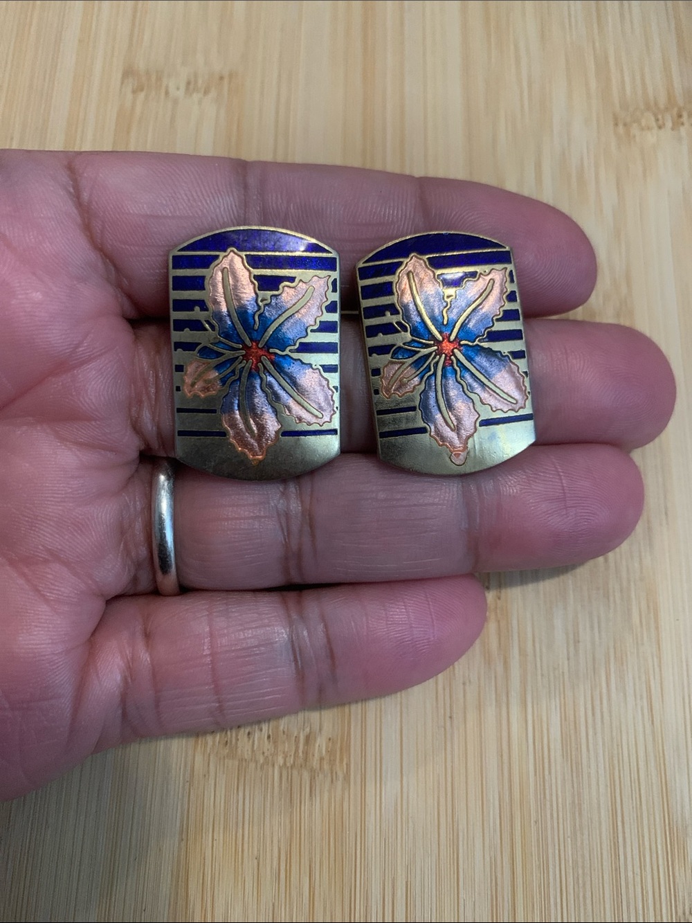 Vintage Cloisonne Floral Enamel Gold-Tone and Blue Earrings